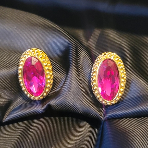 Vintage Swarovski Gold-Tone Oval Pink Crystal Stud Earrings 12.2g - Picture 3 of 16